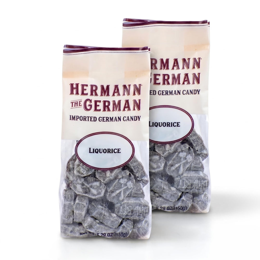 Hermann the German front packaging showing imported black licorice and clear branding benefit: authentic flavor
