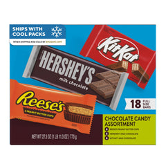 HERSHEY'S front box showing assorted 18-piece pack for easy event stocking