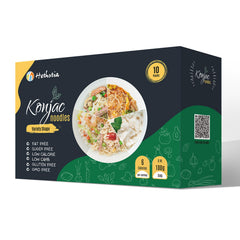 Hethstia pack front view showing all five konjac noodle types and benefits