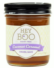 Hey Boo front jar shot showing label and vegan caramel topping benefit