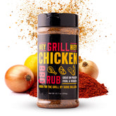 Hey Grill Hey front packaging showing chicken rub and size benefit