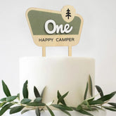 HGFC front view of One Happy Camper wooden topper showing rustic design and charm