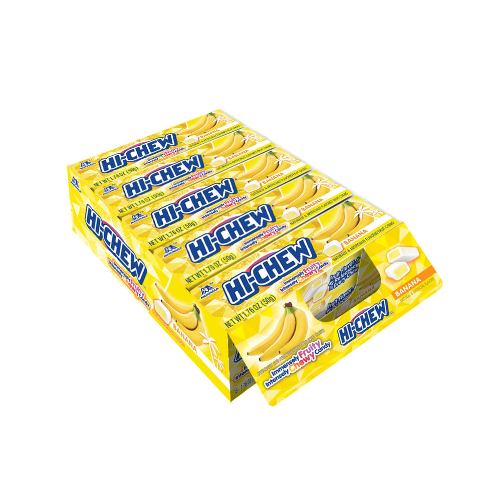 HI-CHEW front pack showing banana sticks and bright branding benefits portability