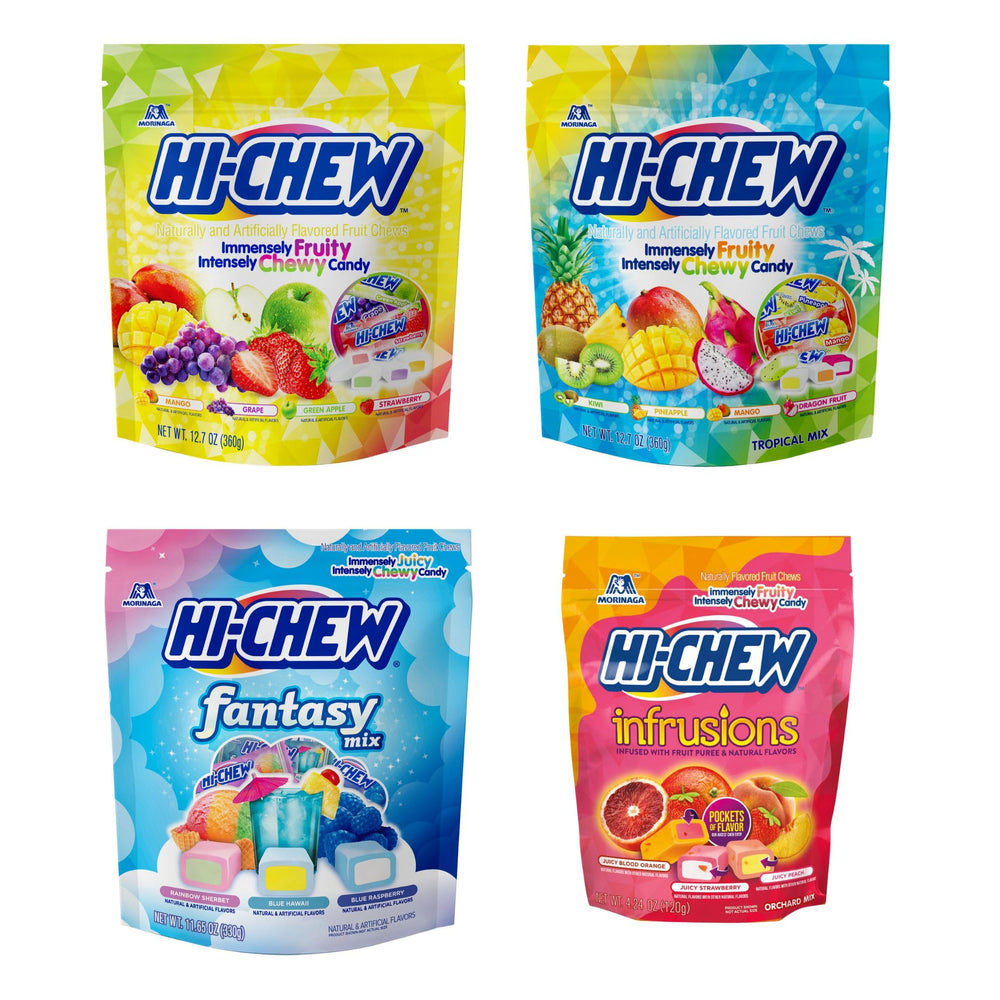 HI-CHEW front packaging showing four resealable pouches and variety benefits
