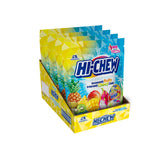 HI-CHEW front packaging showing four tropical flavor pouches and product branding benefits portability