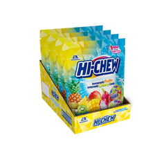 HI-CHEW front packaging showing four tropical flavor pouches and product branding benefits portability