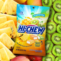 HI-CHEW open bag with assorted tropical pieces demonstrating variety and portion size
