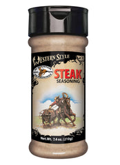 Hi Mountain front label on 7.4 oz bottle showing bold steak seasoning benefit