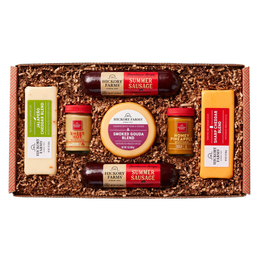 Hickory Farms front packaging showing complete farmhouse gift box and branding
