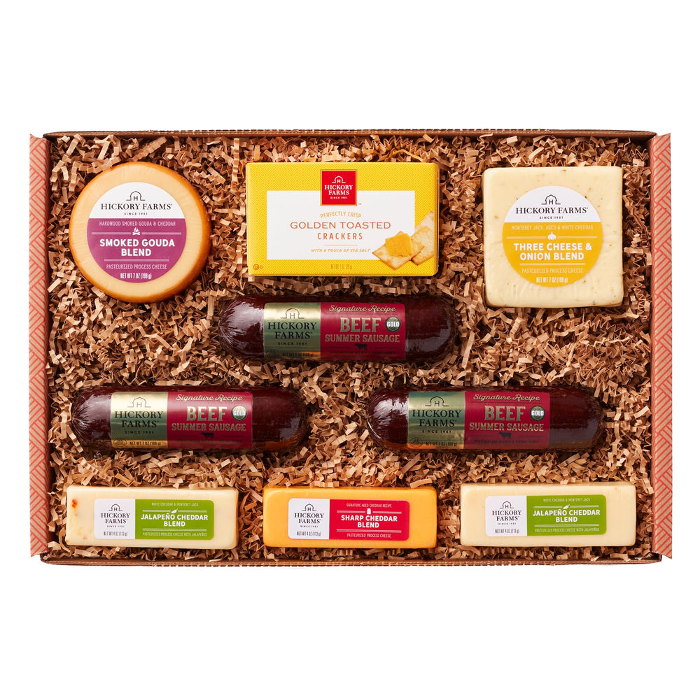 hickory farms boxed gift front showing assorted meats and cheeses, convenient gifting