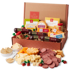 Hickory Farms close-up of beef summer sausage and cheese textures for slicing