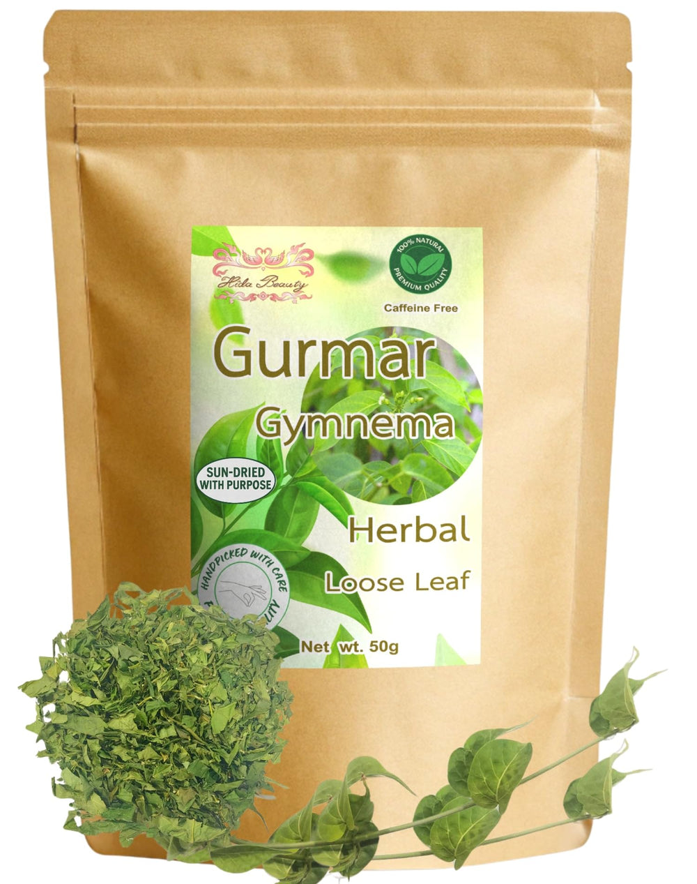 Hida Beauty front packaging showing gymnema leaves and resealable pouch benefit freshness
