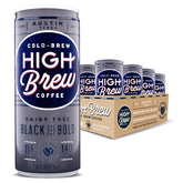 High Brew Coffee front can view showing branding and flavor, highlights portability