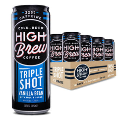 High Brew Coffee front can showing label and vanilla flavor benefit