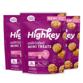 HighKey front packaging showing three 2oz birthday cake mini muffins, clear convenience