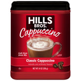 Hills Bros front canister showing classic cappuccino branding and easy preparation
