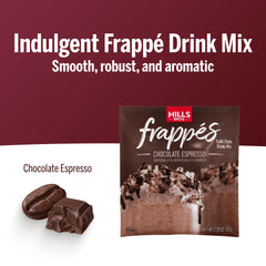 Hills Bros Chocolate Espresso frozen frappé in glass with whipped cream
