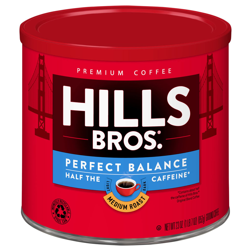 Hills Bros front can showing Perfect Balance label and easy storage benefit