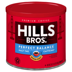 Hills Bros front can showing Perfect Balance label and easy storage benefit