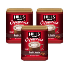 Hills Bros front packaging showing three-pack and convenient storage benefit