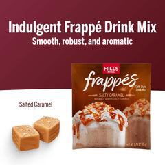 Hills Bros salted caramel frozen frappé in glass topped with whipped cream — refreshing indulgence