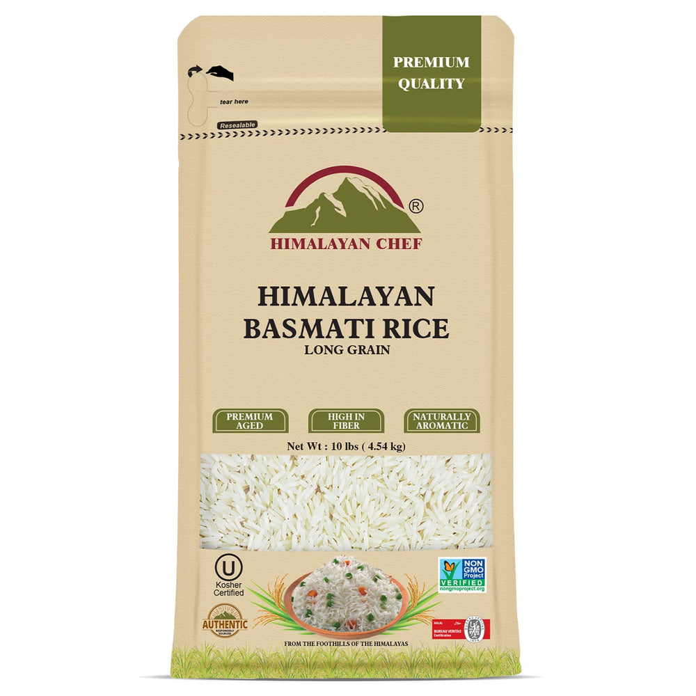 Himalayan Chef front packaging showing 10 lb bag and product branding benefit convenience
