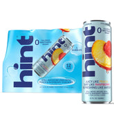 Hint peach raspberry front pack showing 12 cans and clear branding for convenience