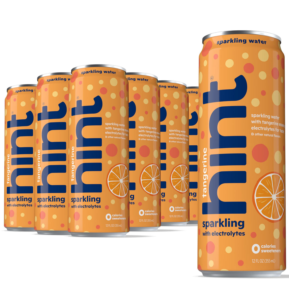 Hint tangerine front packaging shows twelve cans and portable hydration benefit