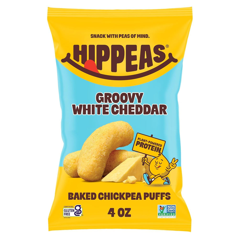HIPPEAS front packaging showing six 4oz Groovy White Cheddar bags and benefits
