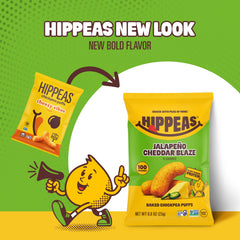 HIPPEAS Jalapeño Cheddar Blaze bag detail highlights spicy flavor and vibrancy