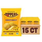 HIPPEAS front packaging showing 15 pack and cheezy flavor, convenient single-serve benefit