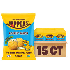 HIPPEAS front pack view showing Rockin’ Ranch Pops and bright branding, highlights portability