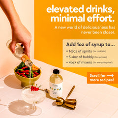 HipStirs bottle beside cocktail glass to show 8 oz size and serving