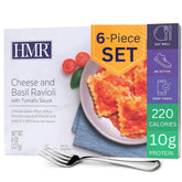 HMR front packaging showing cheese and basil ravioli, conveys convenience and flavor