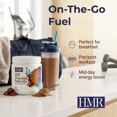 HMR chocolate prepared shake in glass demonstrating quick-on-the-go nutrition