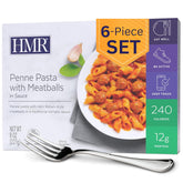 HMR penne pasta with meatballs front packaging showing meal and portion control benefit