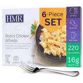 HMR front packaging showing rotini chicken alfredo, clear product view and convenience