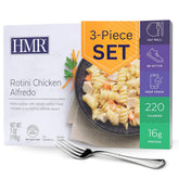 HMR rotini chicken alfredo front packaging shows product and calorie info benefit