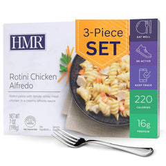 HMR rotini chicken alfredo front packaging shows product and calorie info benefit