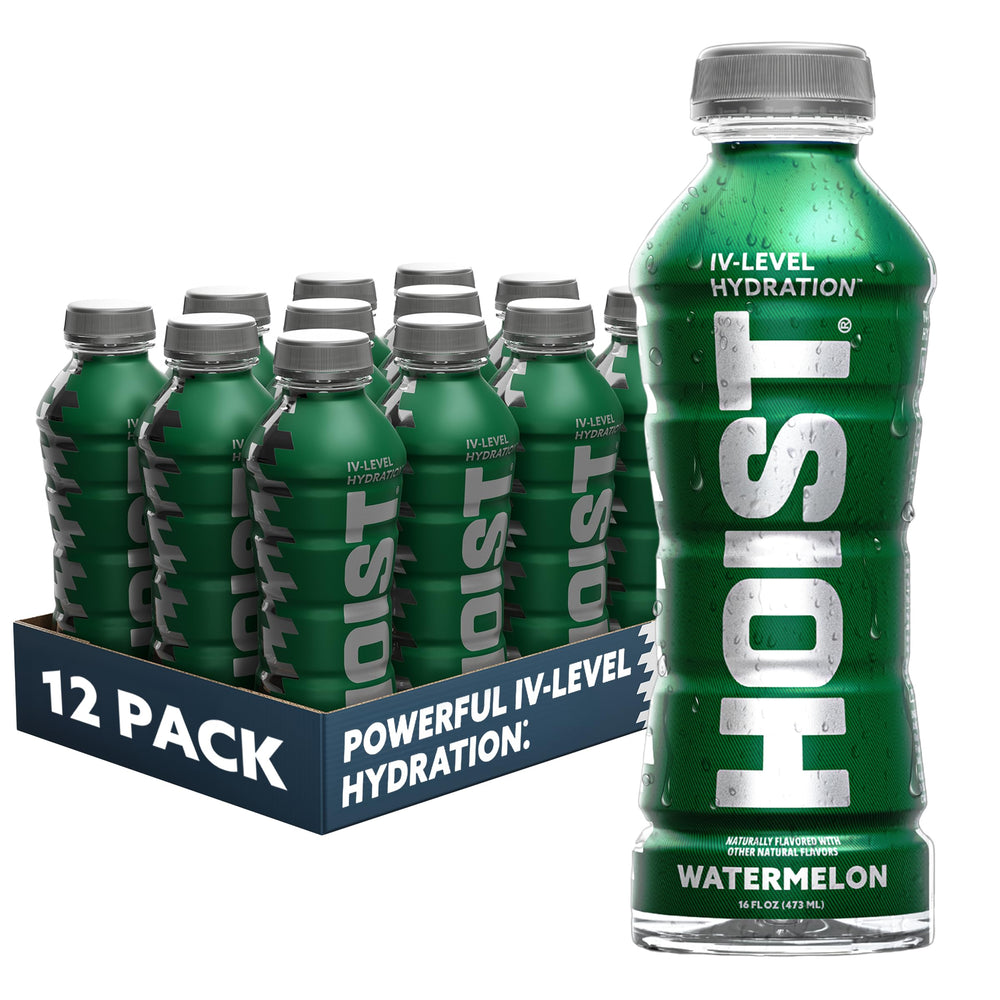 HOIST bottle front packaging showing watermelon label and ready-to-drink benefit