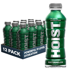 HOIST bottle front packaging showing watermelon label and ready-to-drink benefit