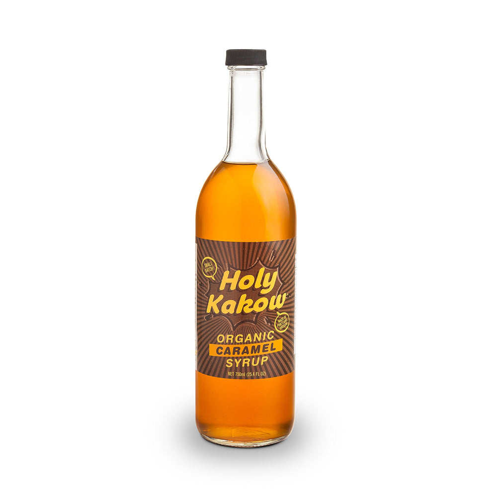 Holy Kakow front bottle 750ml showing organic caramel syrup branding and volume