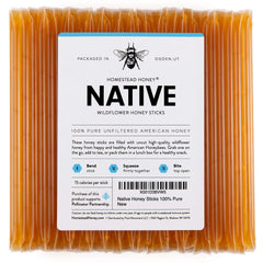 Homestead Honey front packaging showing 100-count box and clear product benefit