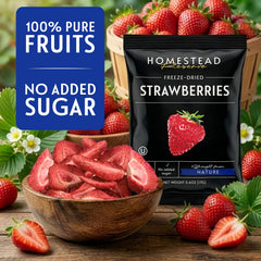 Homestead Reserve opened pouch spilling crisp strawberry slices for easy snacking
