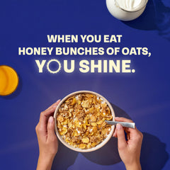Top view of a single Honey Bunches of Oats cup highlighting ready-to-eat convenience