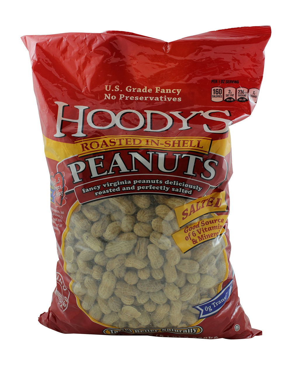 Hoody's front packaging of 5 lb salted in-shell peanuts showing brand and size benefit