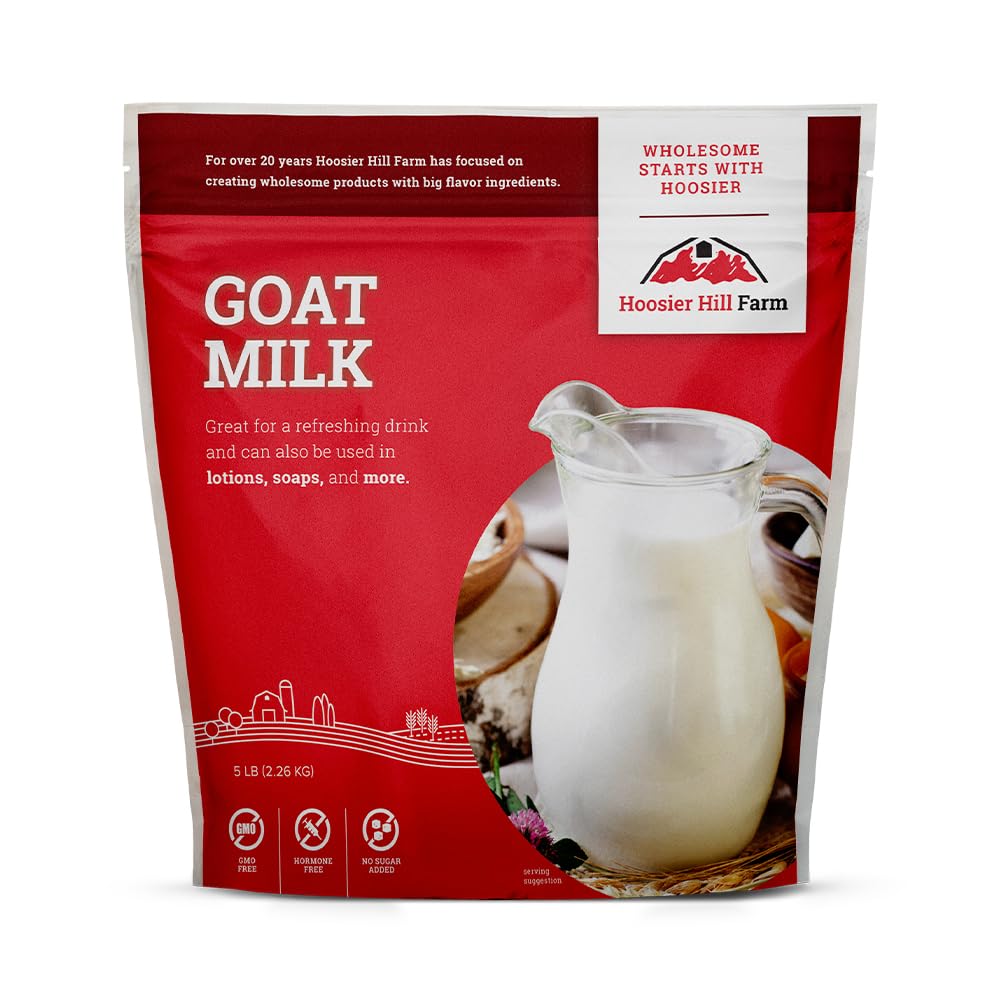 Hoosier Hill Farm front packaging of 5 lb goat milk powder showing label and seal benefits
