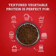 Hoosier Hill Farm measuring cup with dry TVP portion, demonstrates easy portioning benefit