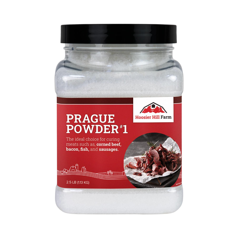 Hoosier Hill Farm front label for Prague Powder No.1 showing package and brand benefits