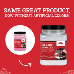 Hoosier Hill Farm Prague Powder pouch opened to show pink curing salt and easy access